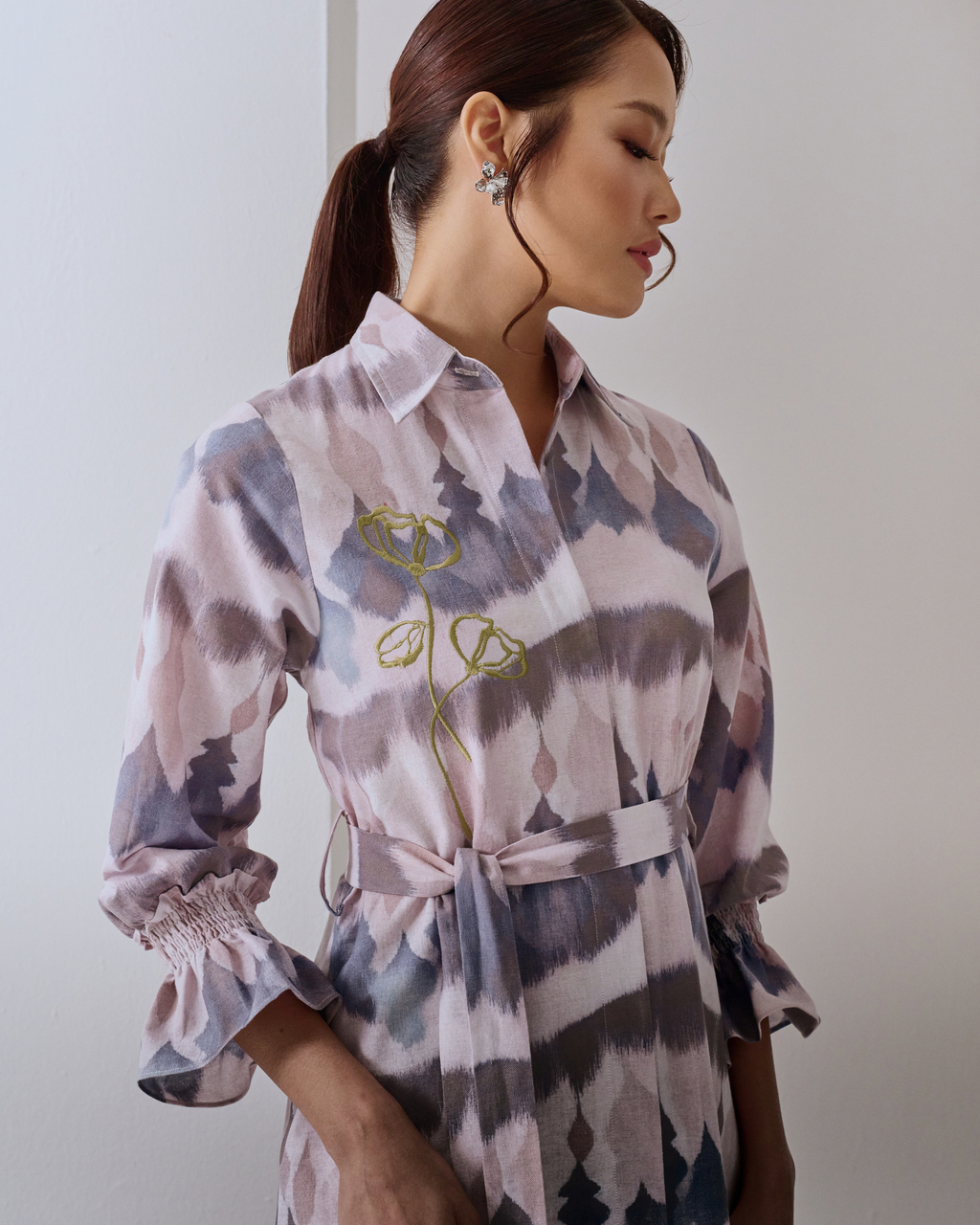 Thiya Embroidered Linen Dress - Abstract Prints, Grey Beige