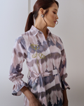 Thiya Embroidered Linen Dress - Abstract Prints, Grey Beige