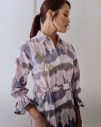 Thiya Embroidered Linen Dress - Abstract Prints, Grey Beige