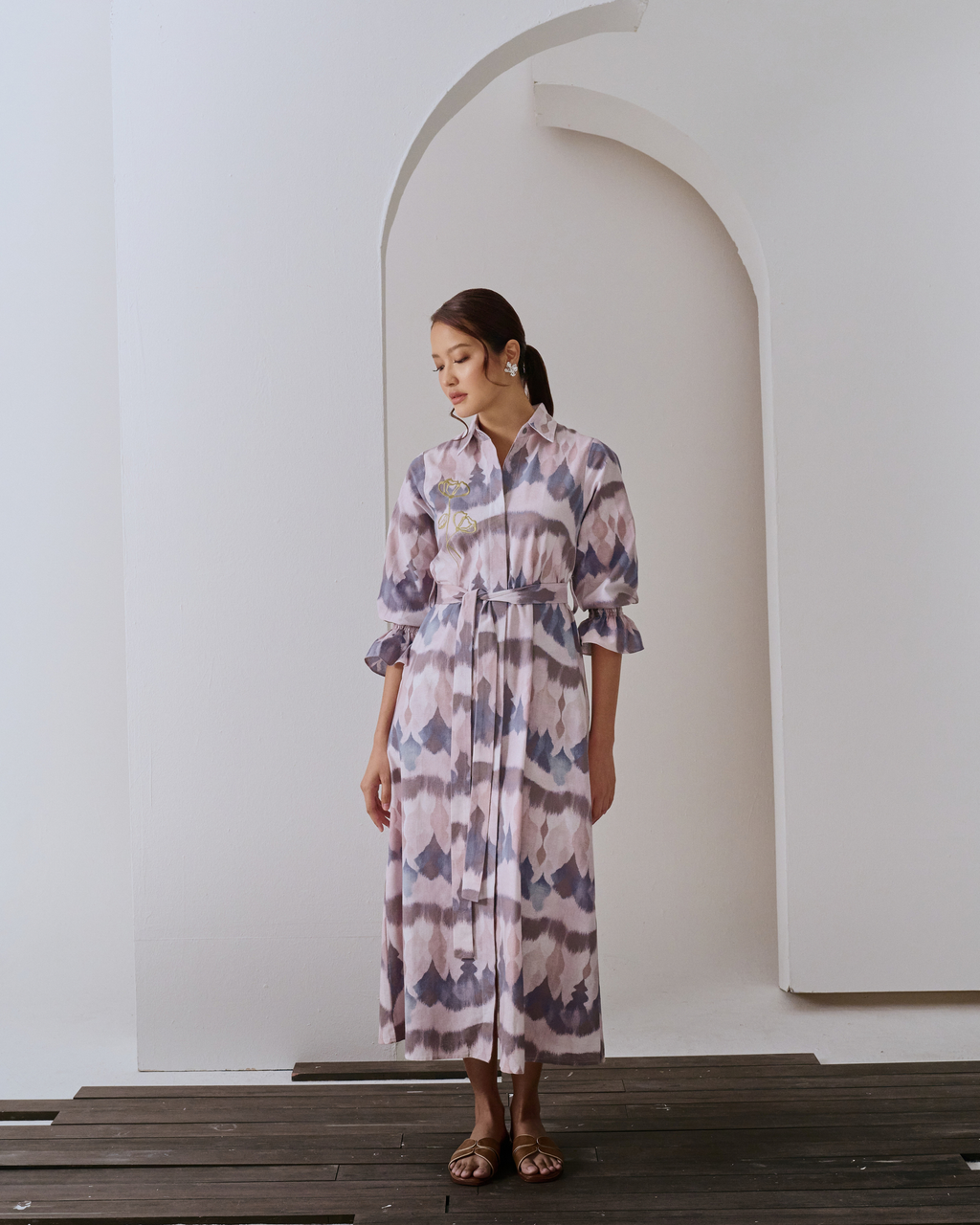 Thiya Embroidered Linen Dress - Abstract Prints, Grey Beige