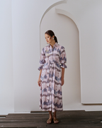 Thiya Embroidered Linen Dress - Abstract Prints, Grey Beige